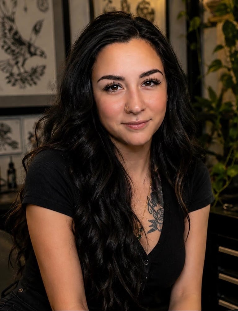 Woman with long dark wavy hair wearing a black v-neck shirt, seated indoors with botanical artwork and plants in the background